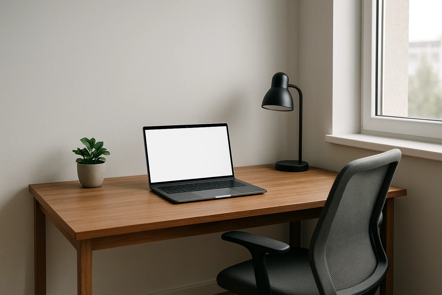 Ufficio in casa minimalista moderno con scrivania in legno e sedia ergonomica.