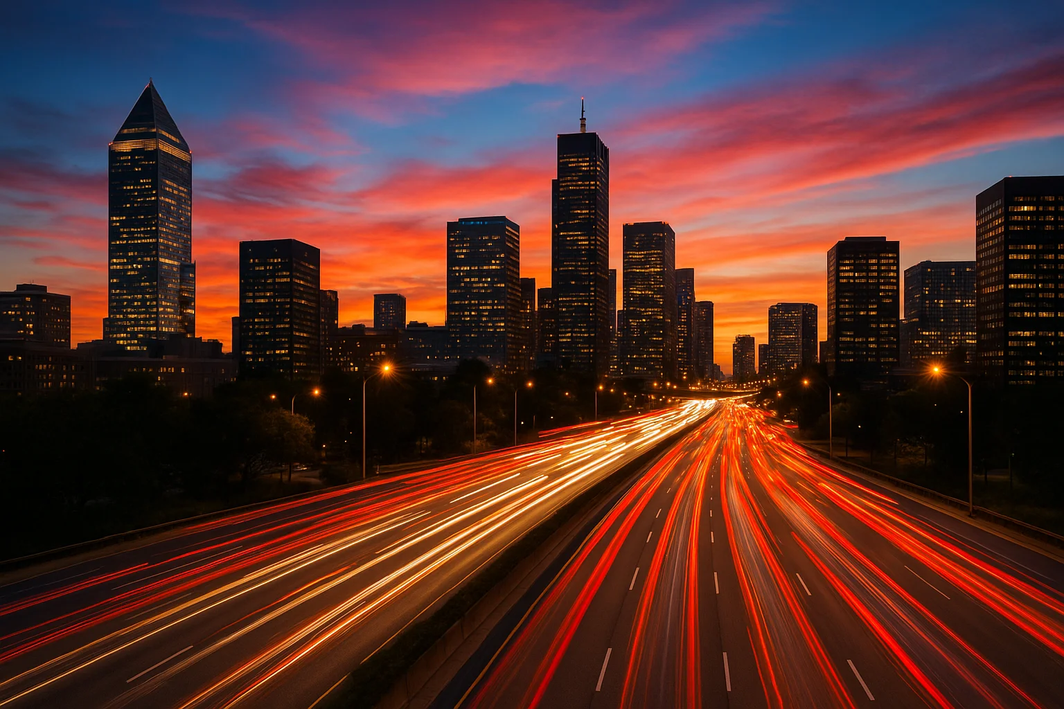Paesaggio urbano al tramonto, fotografia time-lapse