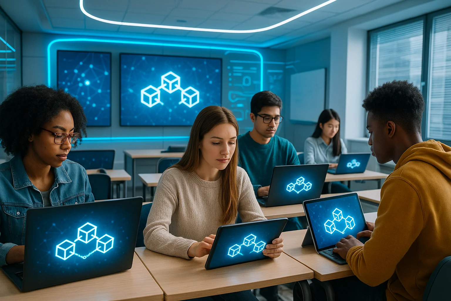 Estudantes usando blockchain em uma sala de aula moderna