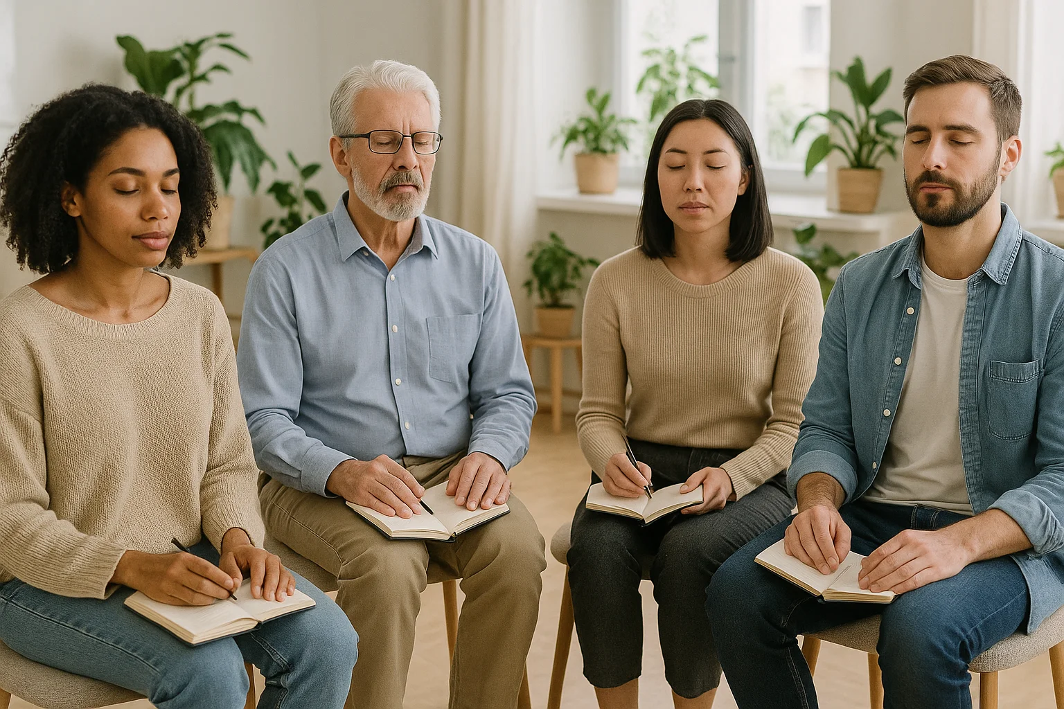 Adulti diversi con quaderni in una sessione di consapevolezza