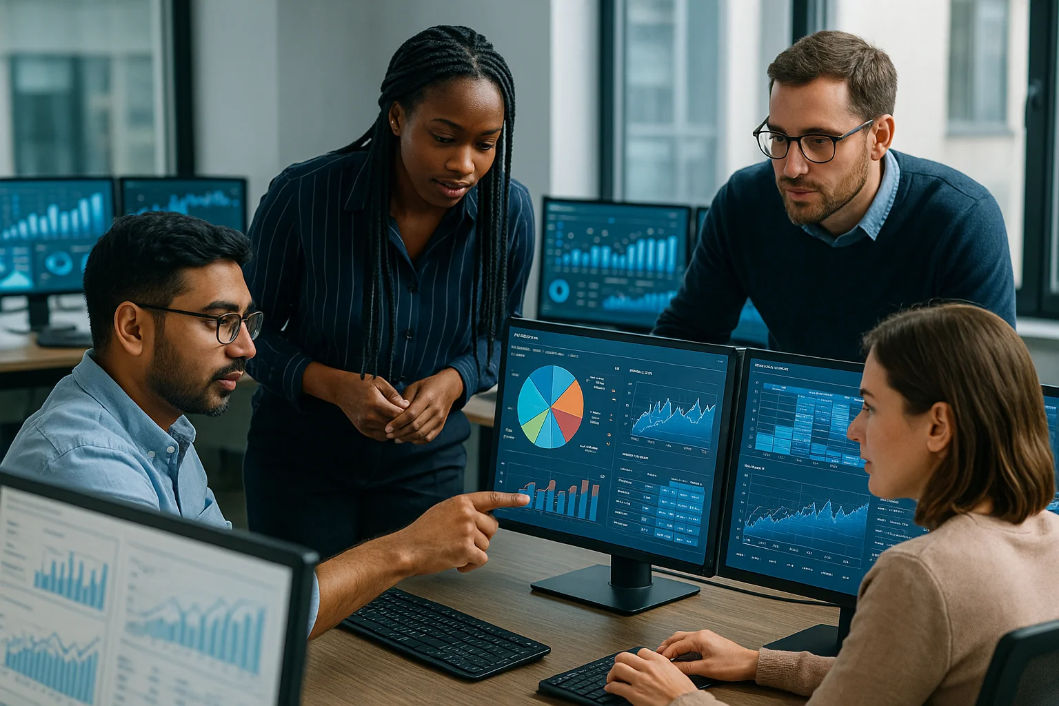 Team di analisti dei dati che lavorano con visualizzazioni di dati su schermi di computer.