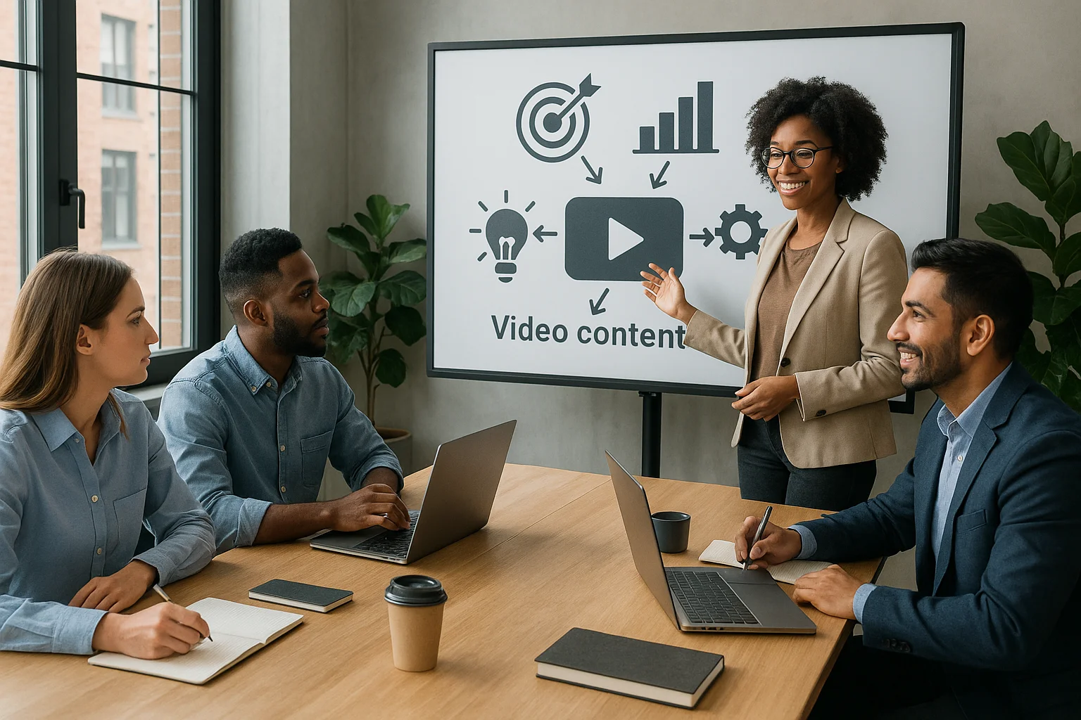 Team in una riunione di strategia di contenuti video.