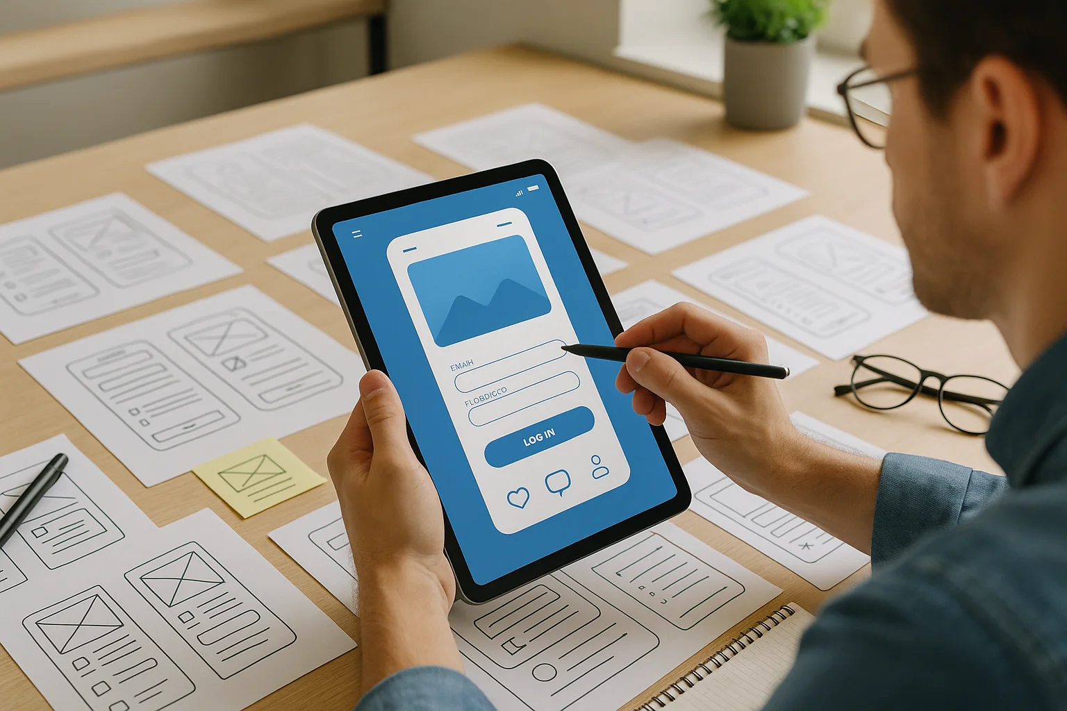 Un designer che lavora sul design di un'app mobile su un tablet.