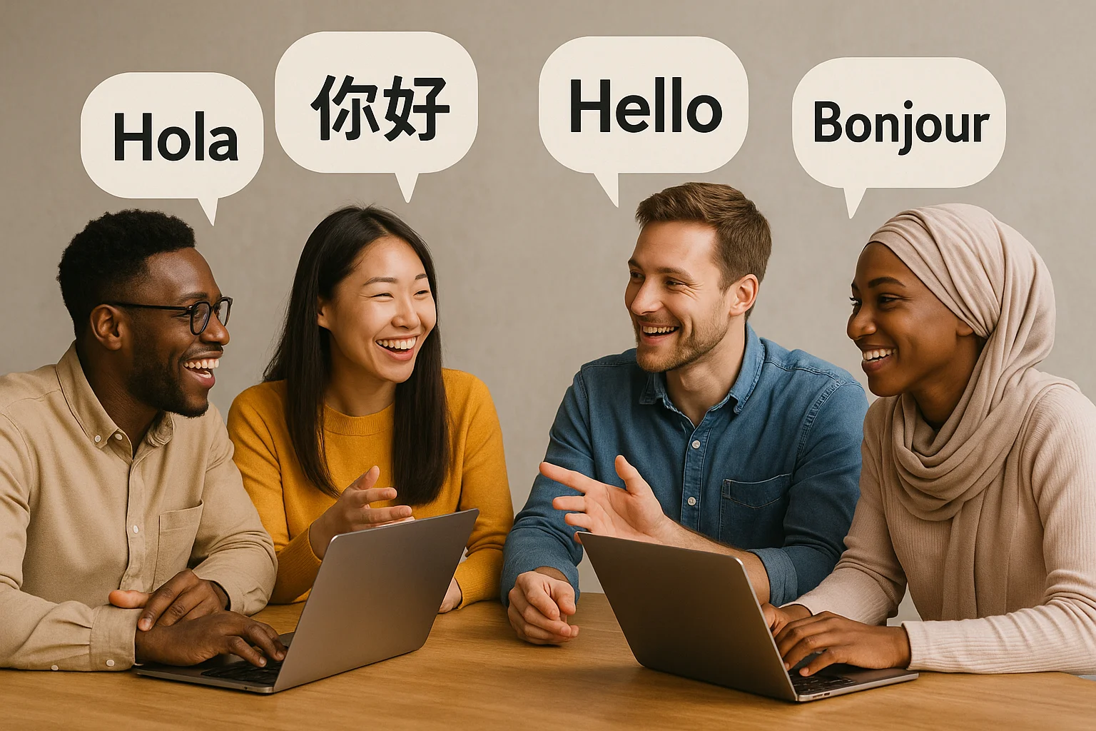 Um grupo diverso de pessoas envolvidas em comunicação multilíngue ao redor de uma mesa.