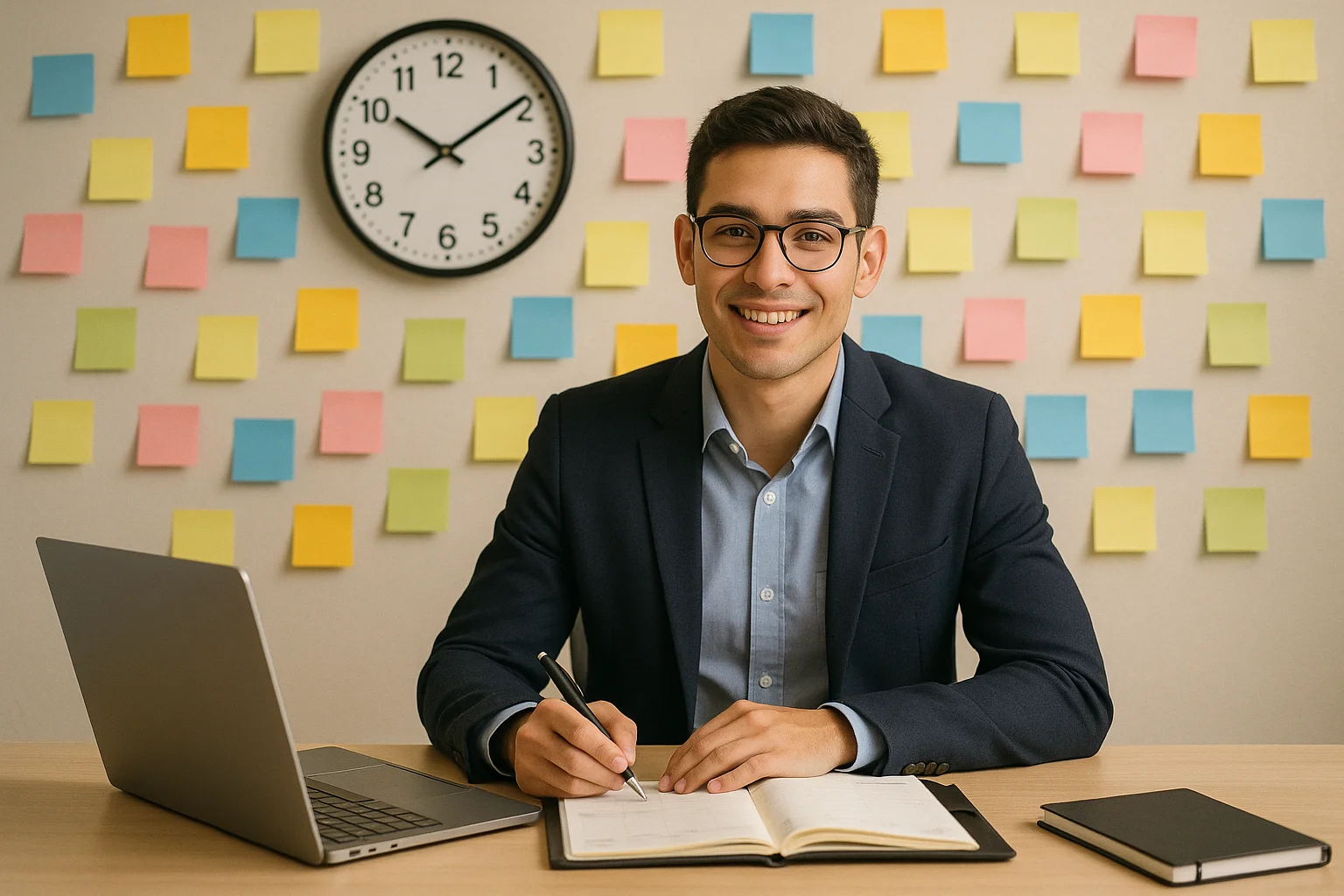 Young professional sitting at a desk with a laptop and planner