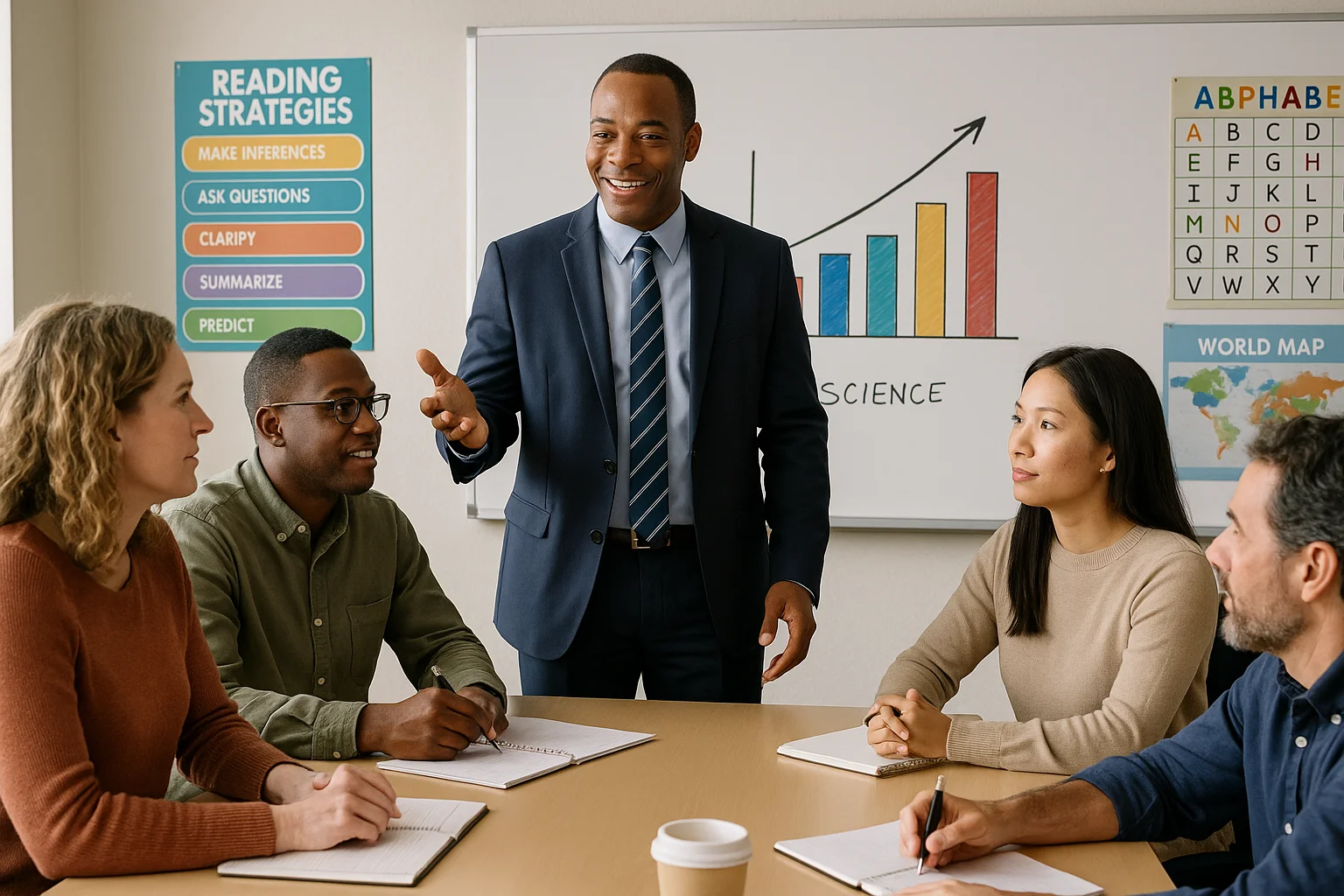 Diretor Escolar Inspirador Liderando uma Reunião