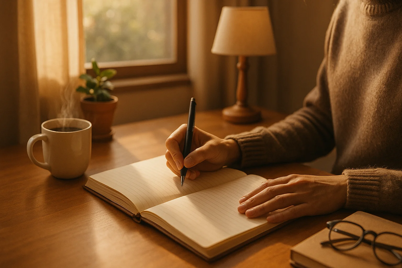 Eine Person schreibt in ein Journal an einem Morgenschreibtisch.