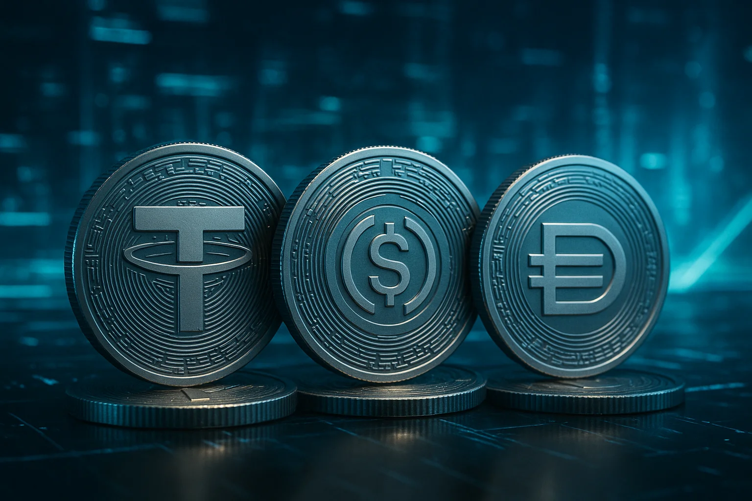 Fütüristik bir arka planda dijital stablecoin'ler.