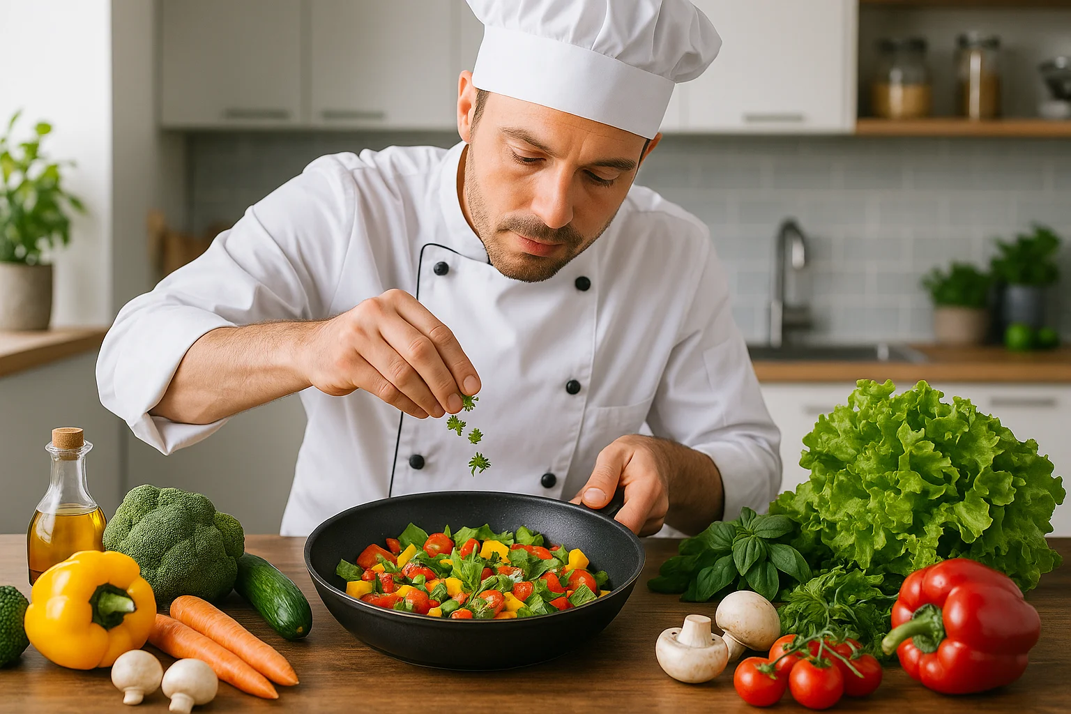 Modern bir mutfakta taze sebzelerle vegan yemek hazırlayan şef.