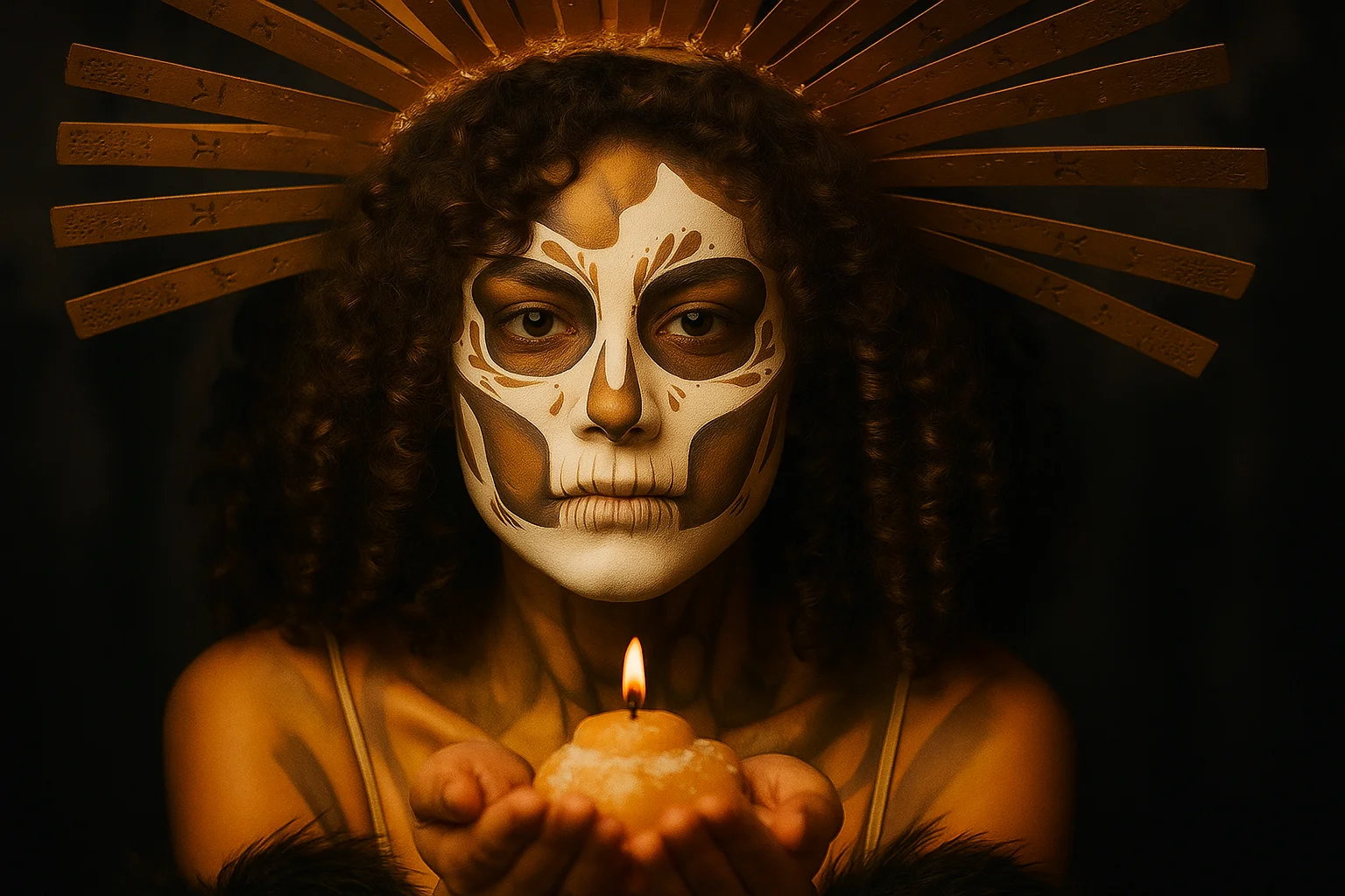 Potret wanita dengan rias tengkorak di bawah cahaya emas