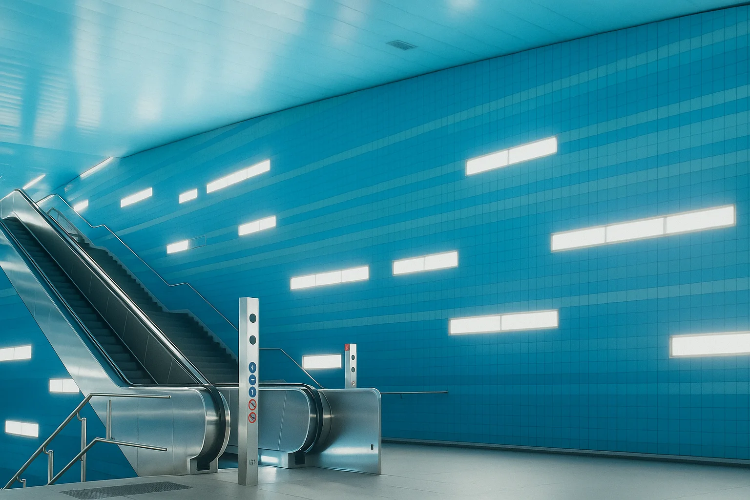 Moderne blaue U-Bahn-Station mit Rolltreppe