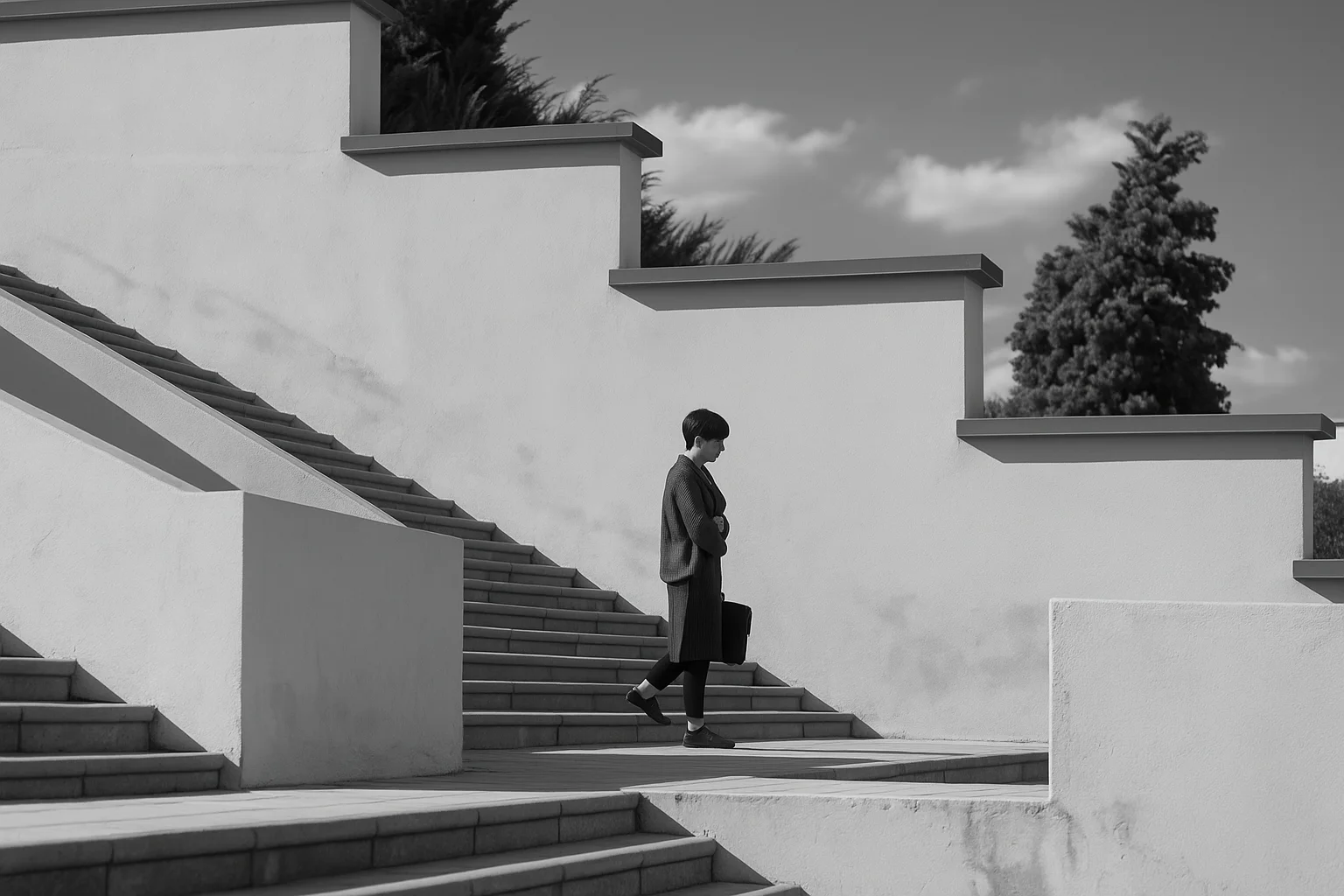 Black and white architectural photo of a person walking down stairs.