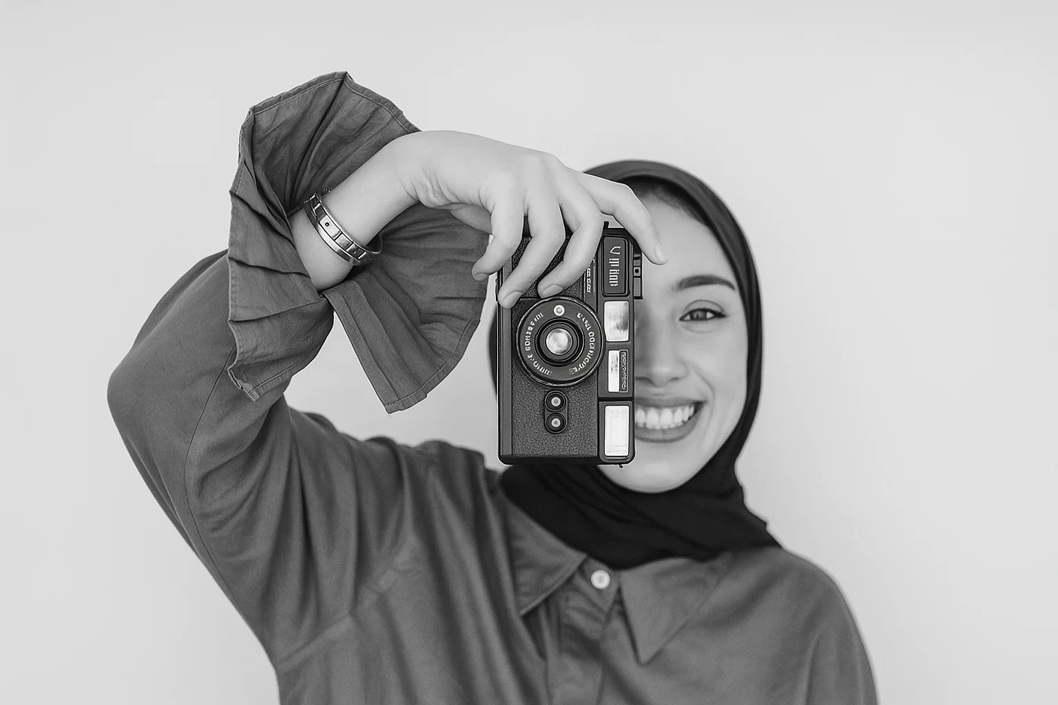Portrait of a smiling woman posing with a vintage Vivitar camera