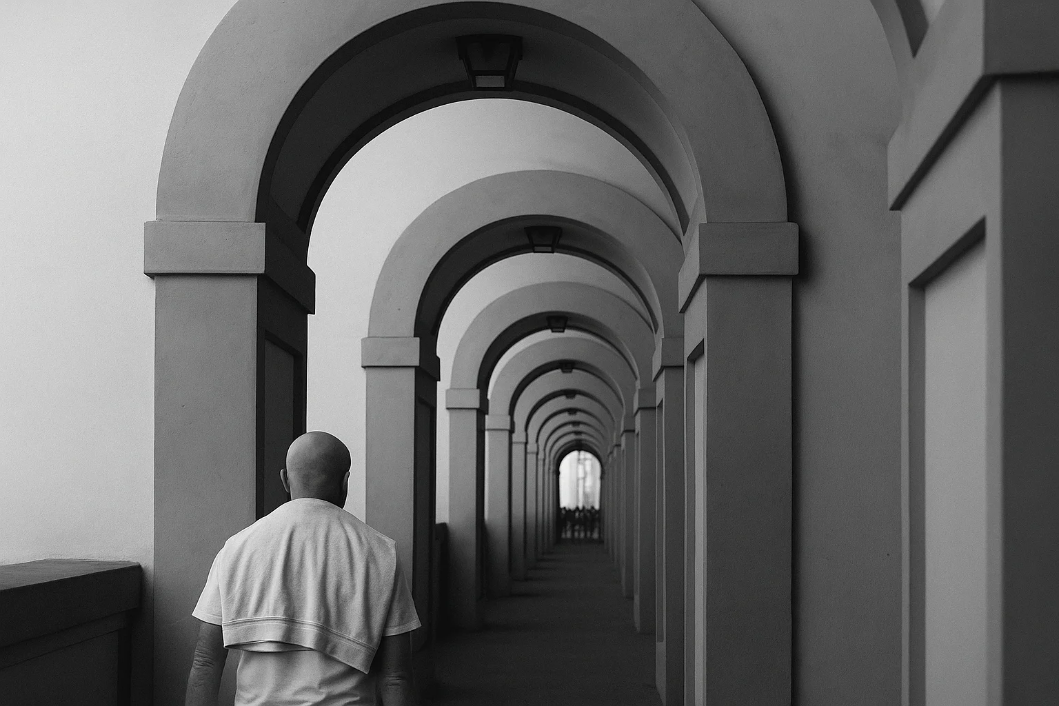 Black and white photo of a man walking through an arched corridor