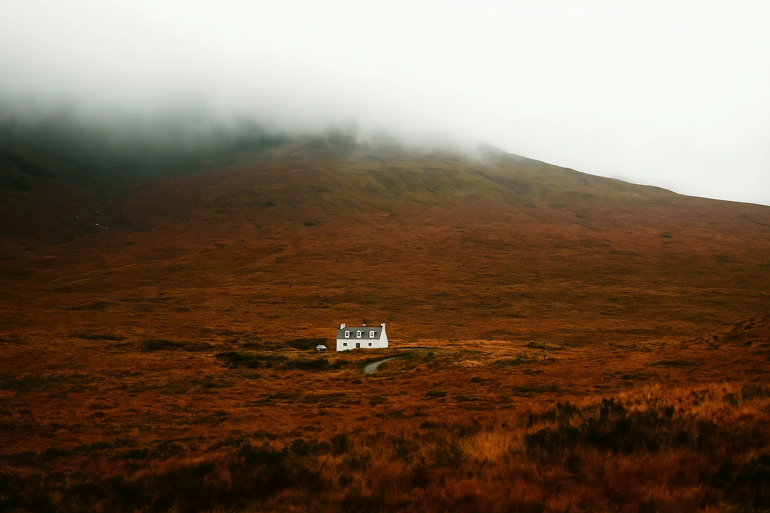 Lonely white house on a misty mountain slope, brown valley landscape