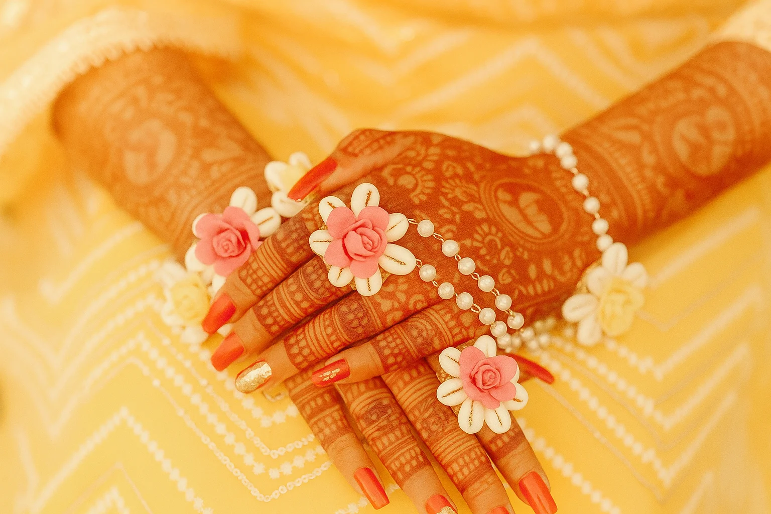 Mehndi hands with floral jewelry and golden traditional dress