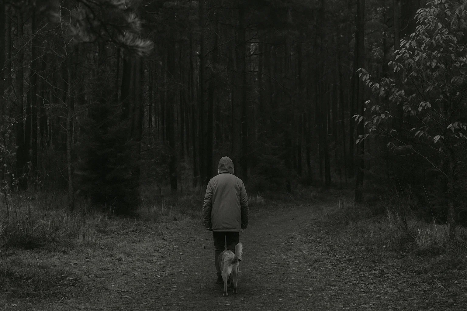 Foto in bianco e nero di una persona che cammina con un cane nella foresta