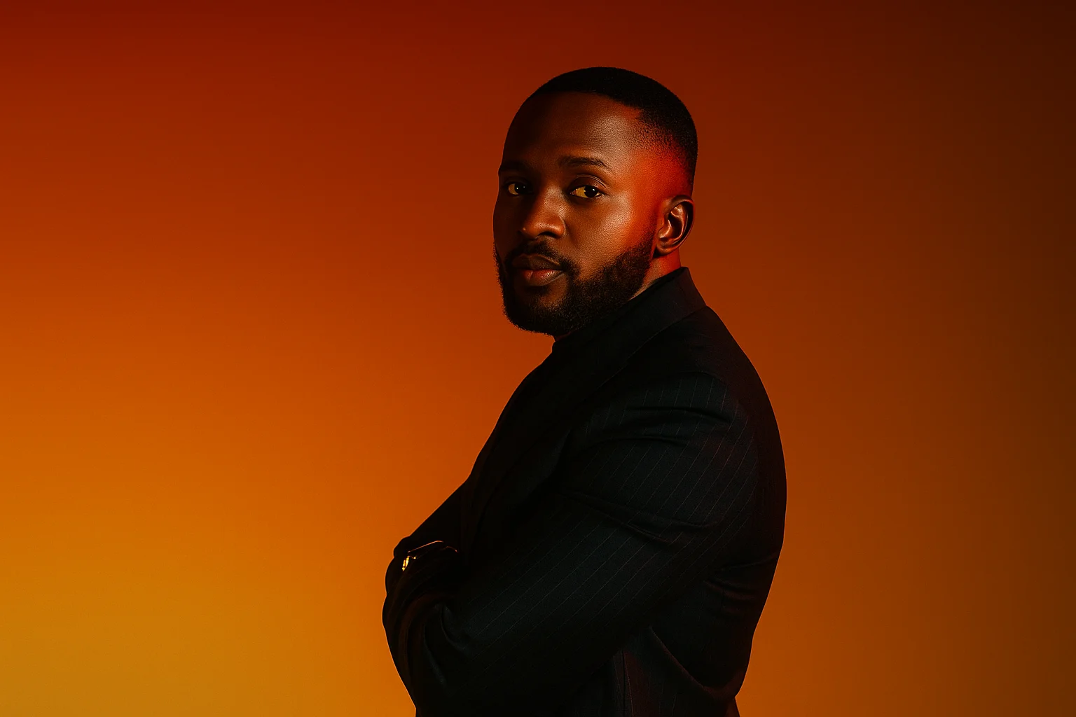 Ritratto di uomo in abito scuro su sfondo arancione, illuminazione artistica