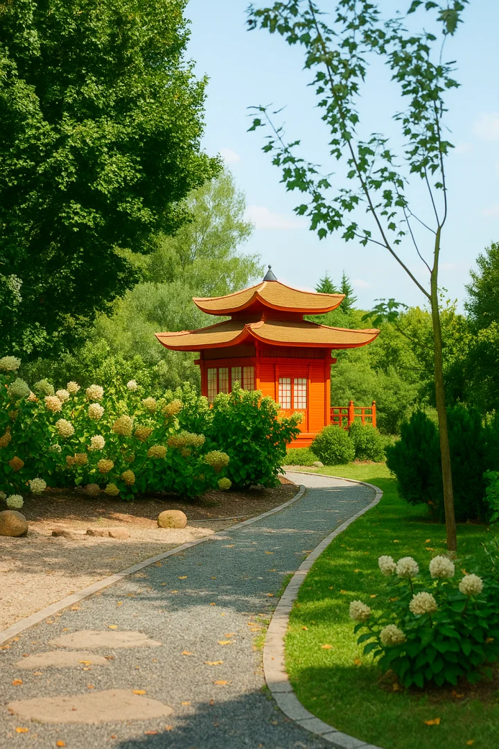 Casa do templo vermelho em um jardim japonês com caminho florido