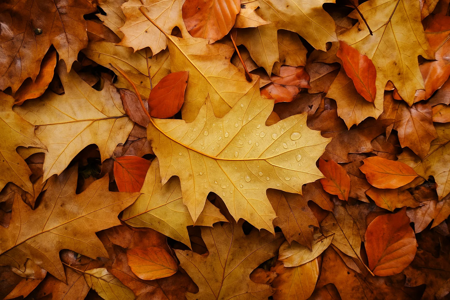 Folhas de outono molhadas com gotas de chuva