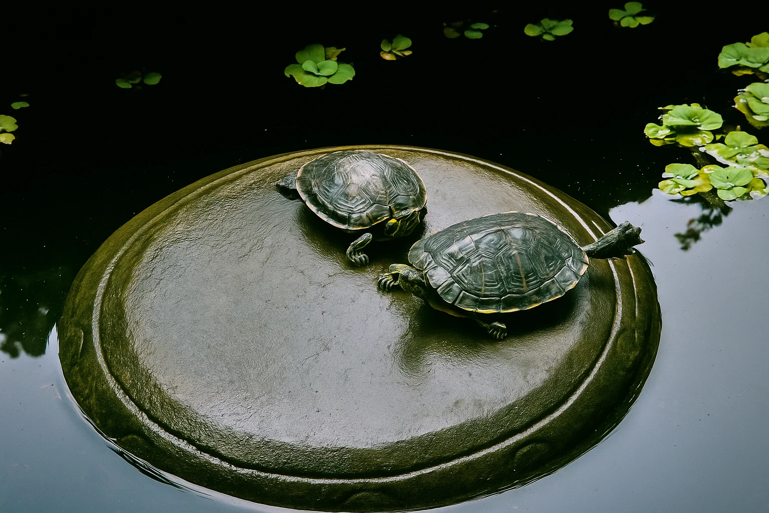 Duas tartarugas descansando em uma pedra no lago