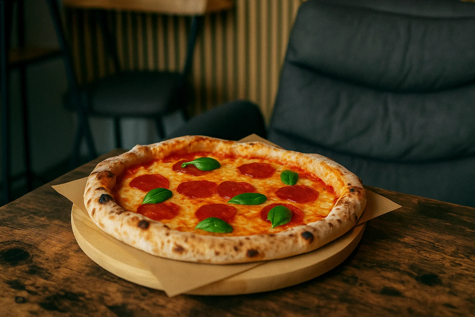 Pizza pepperoni dengan basil di meja kayu rustic