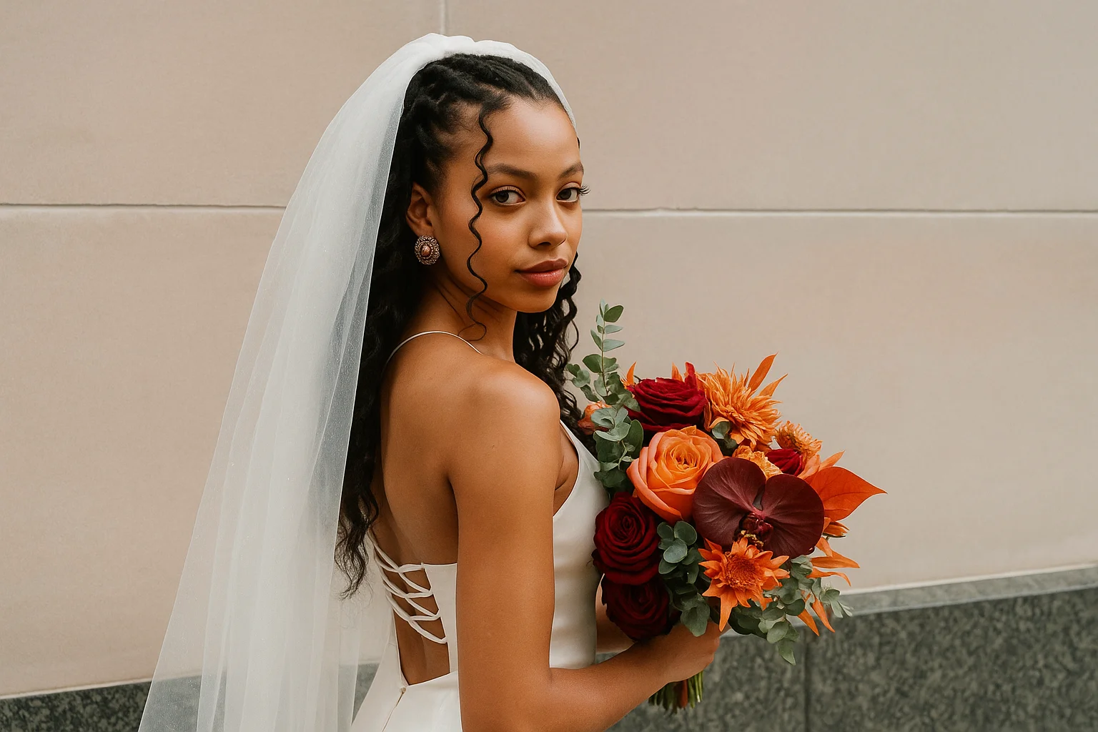 Невеста с букетом позирует у светлой стены.