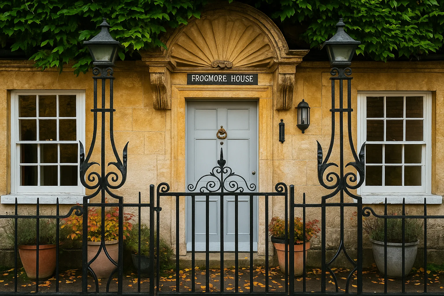 Historic entrance of Frogmore House with iron gates and stone walls.