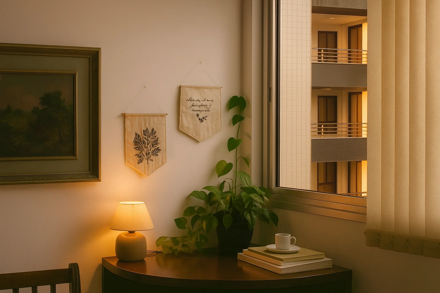 Gemütliches Zimmer mit warmem Licht, Lampe, Pflanzen und Fenster.