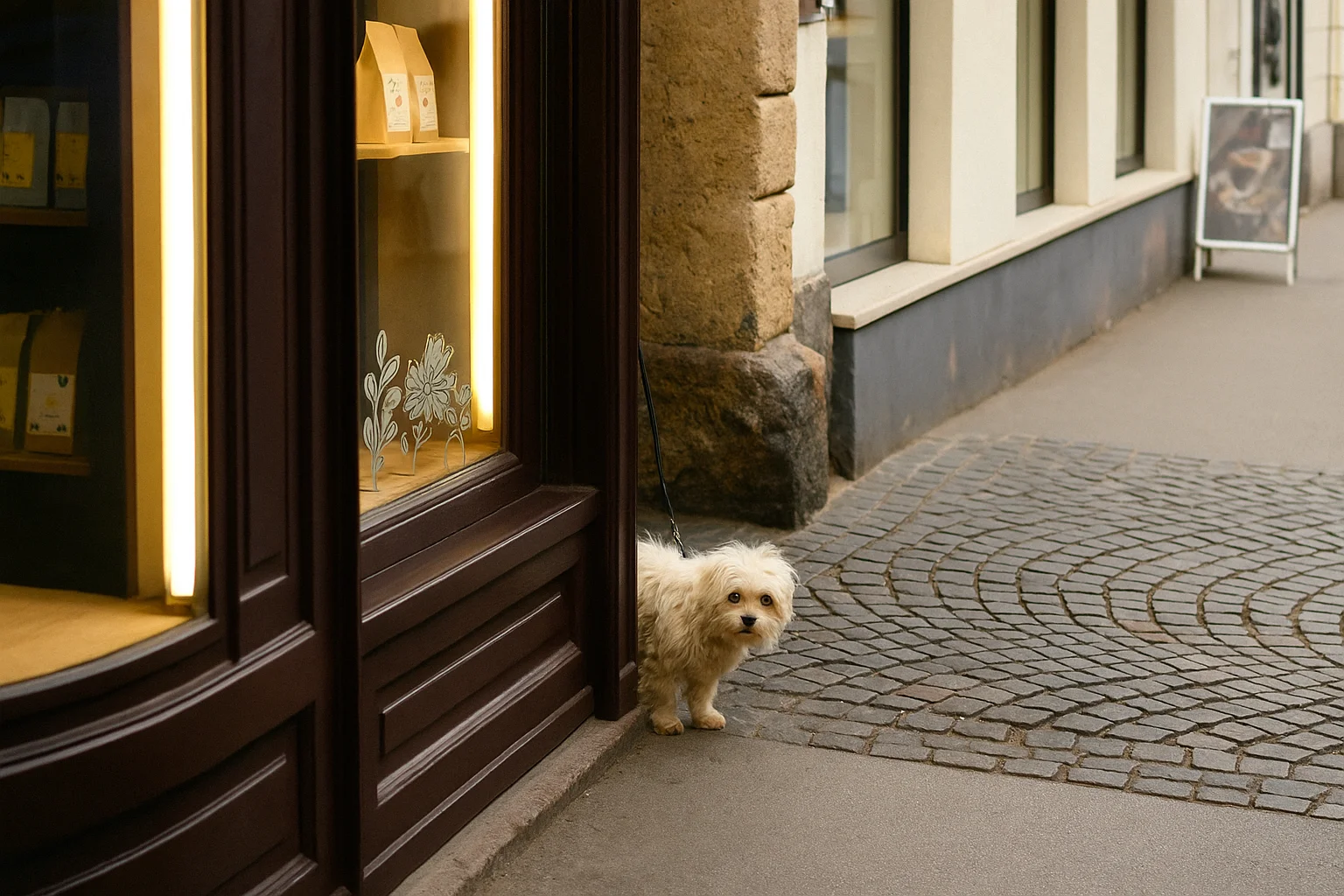 Kleiner weißer Hund blickt aus der Ladenecke auf einer Kopfsteinpflasterstraße.
