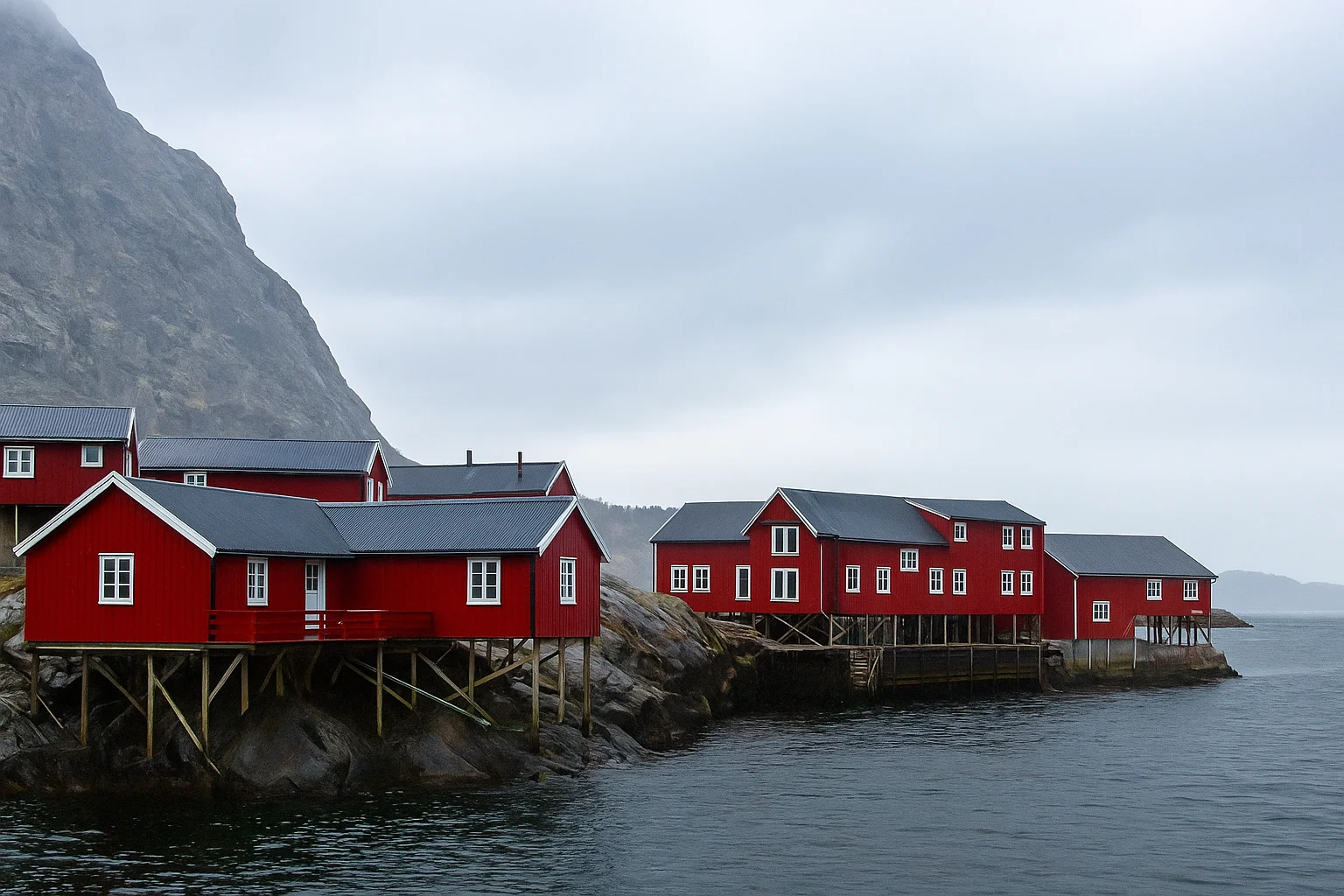 Casas vermelhas de madeira à beira-mar na costa da Noruega.