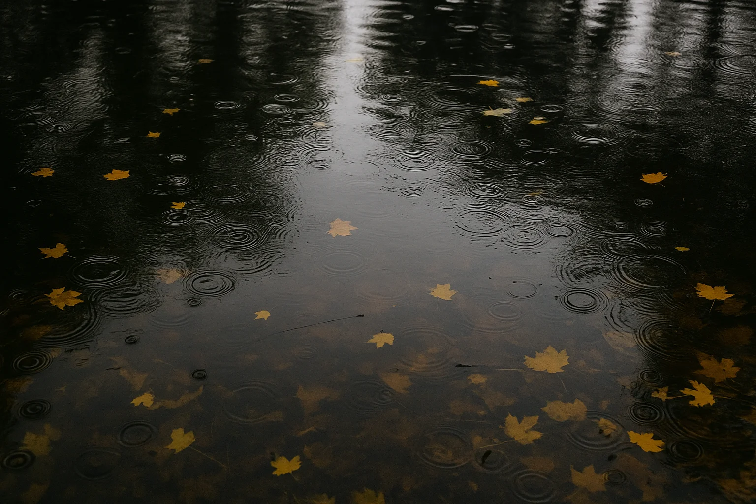 Folhas amarelas de outono flutuando em um lago com gotas de chuva.