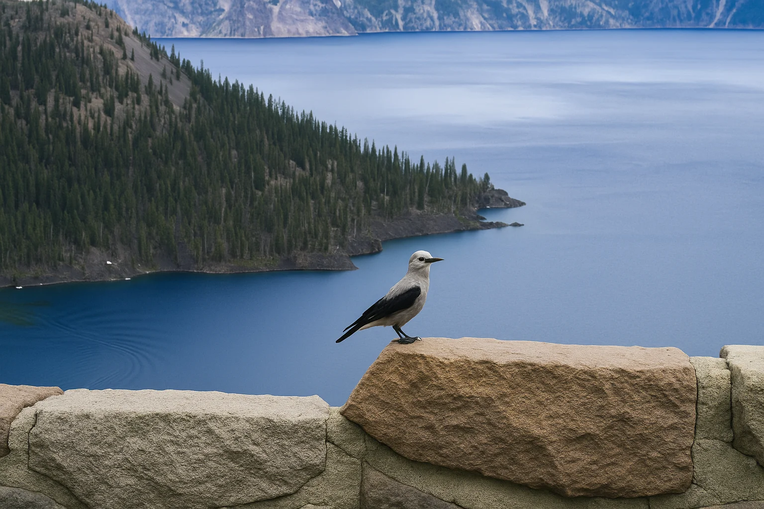Vogel auf einem Felsen mit blauem See im Hintergrund