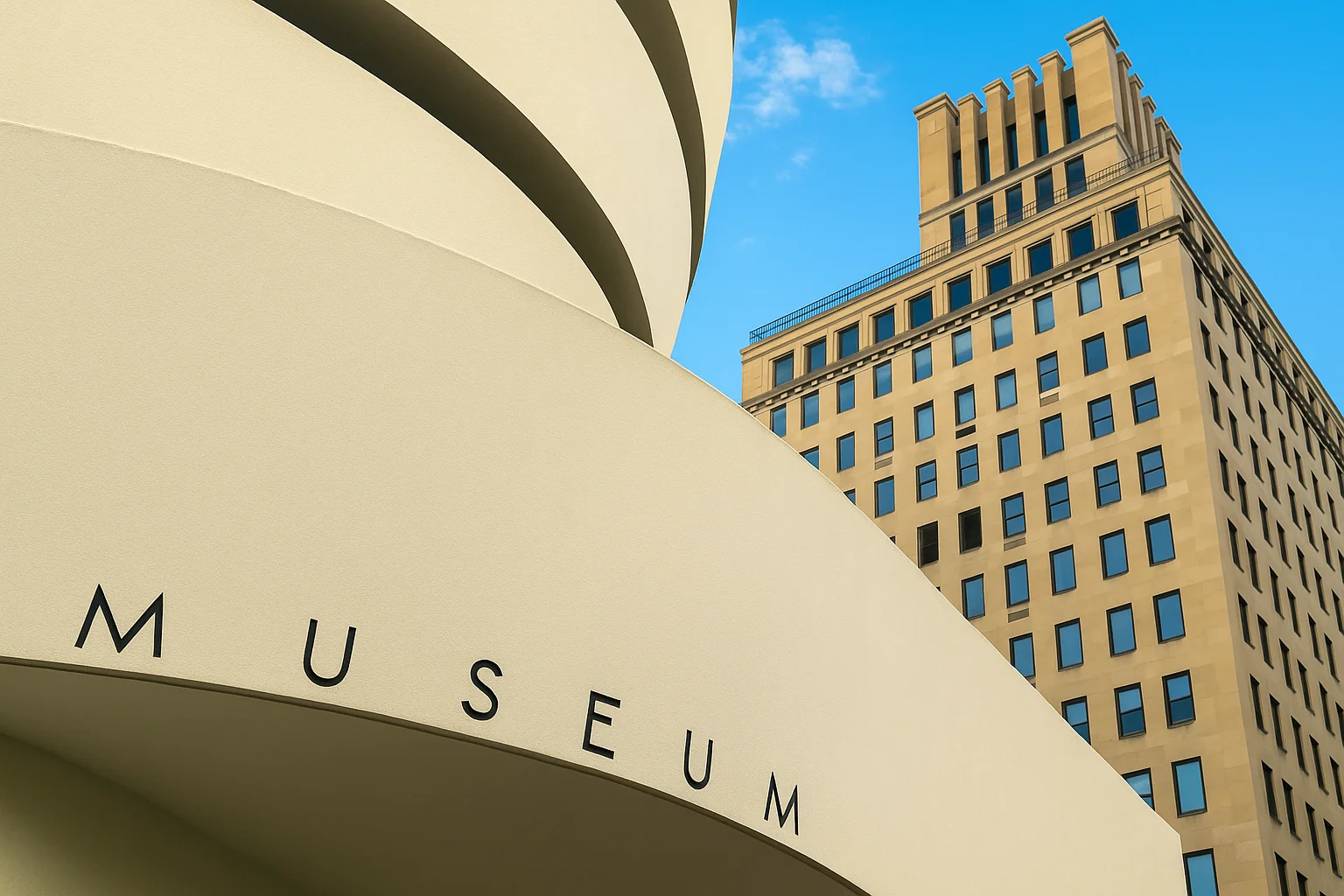 Modernes Museumsgebäude neben Stadtarchitektur