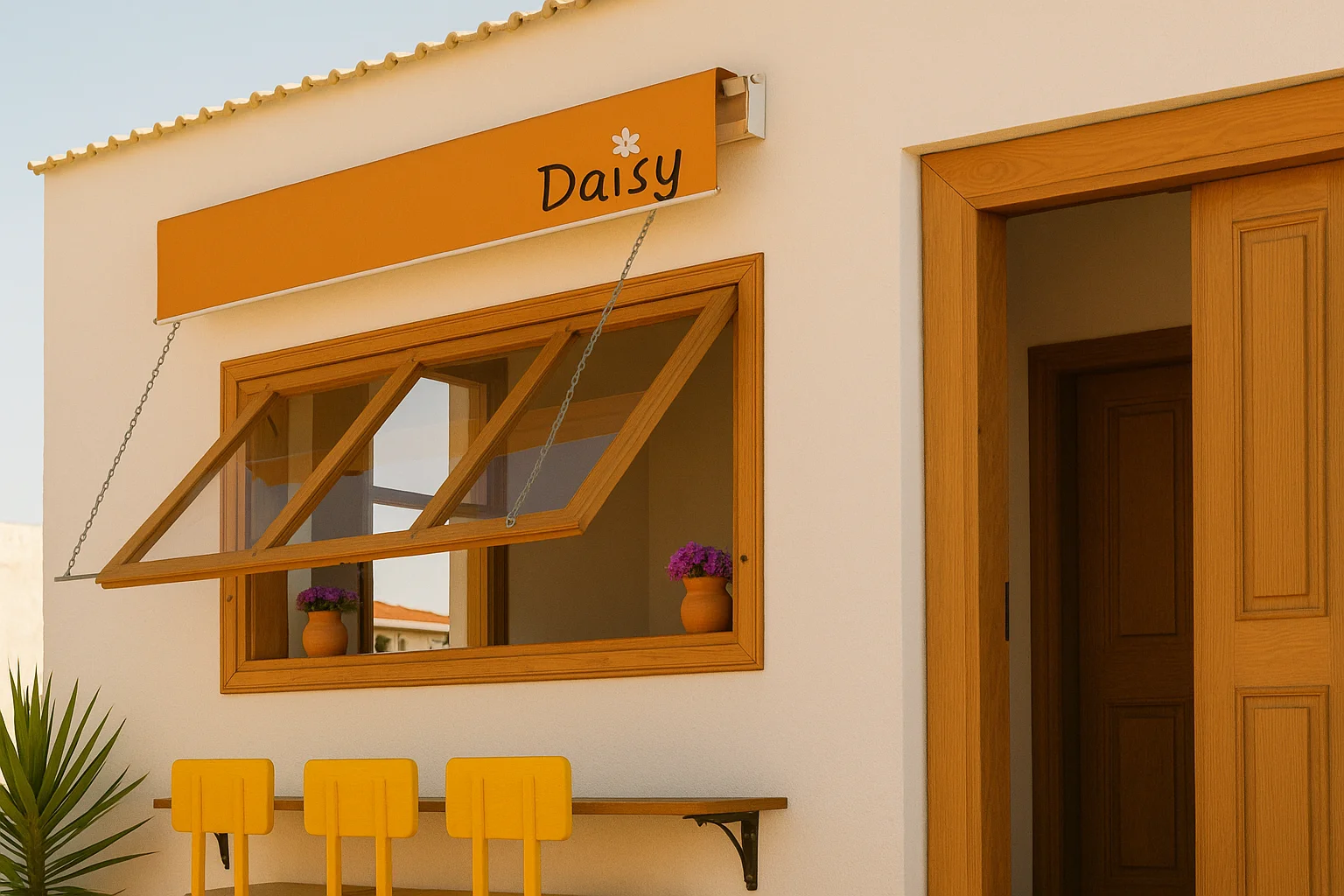 木製の枠と黄色い椅子のあるデイジーカフェの外観