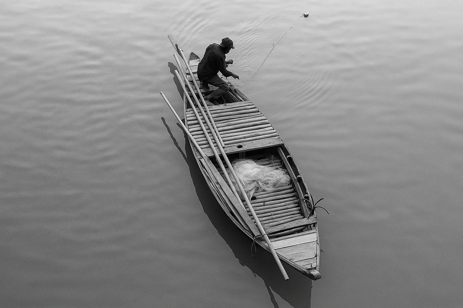 Foto em preto e branco de um homem pescando em um rio silencioso.