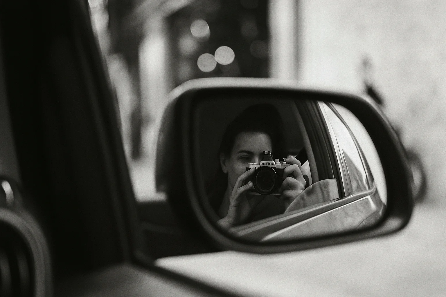 black and white photo of a person taking a picture through a car side mirror reflection