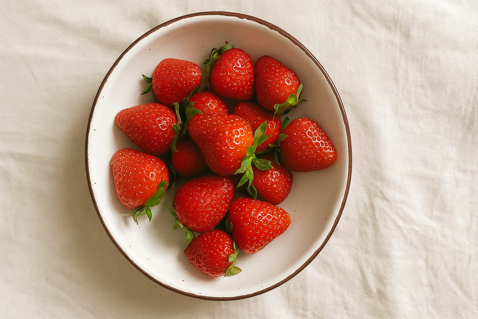 overhead photo of fresh red strawberries in a white bowl
