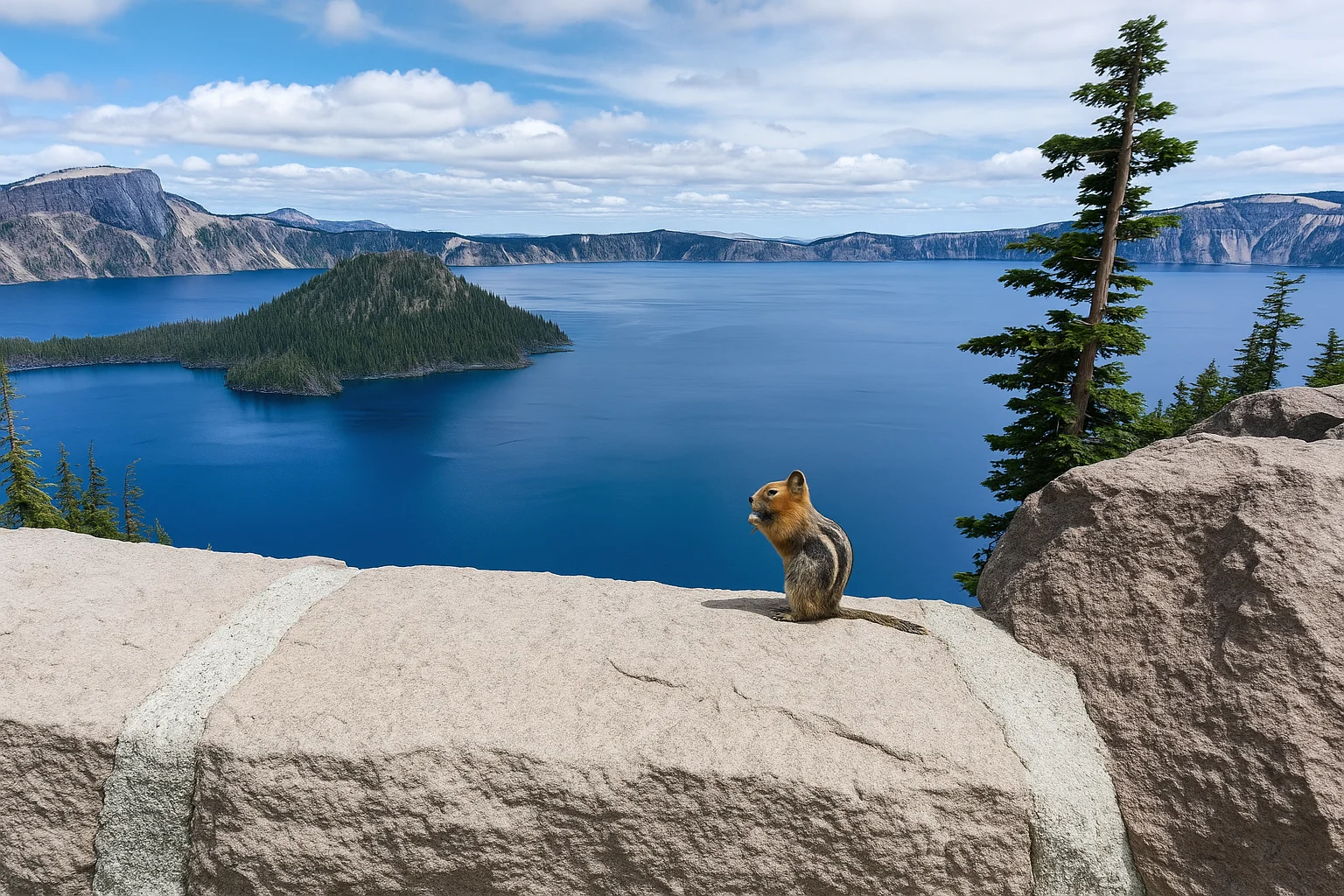 photo of a chipmunk sitting on a rock with a lake and mountains in the background