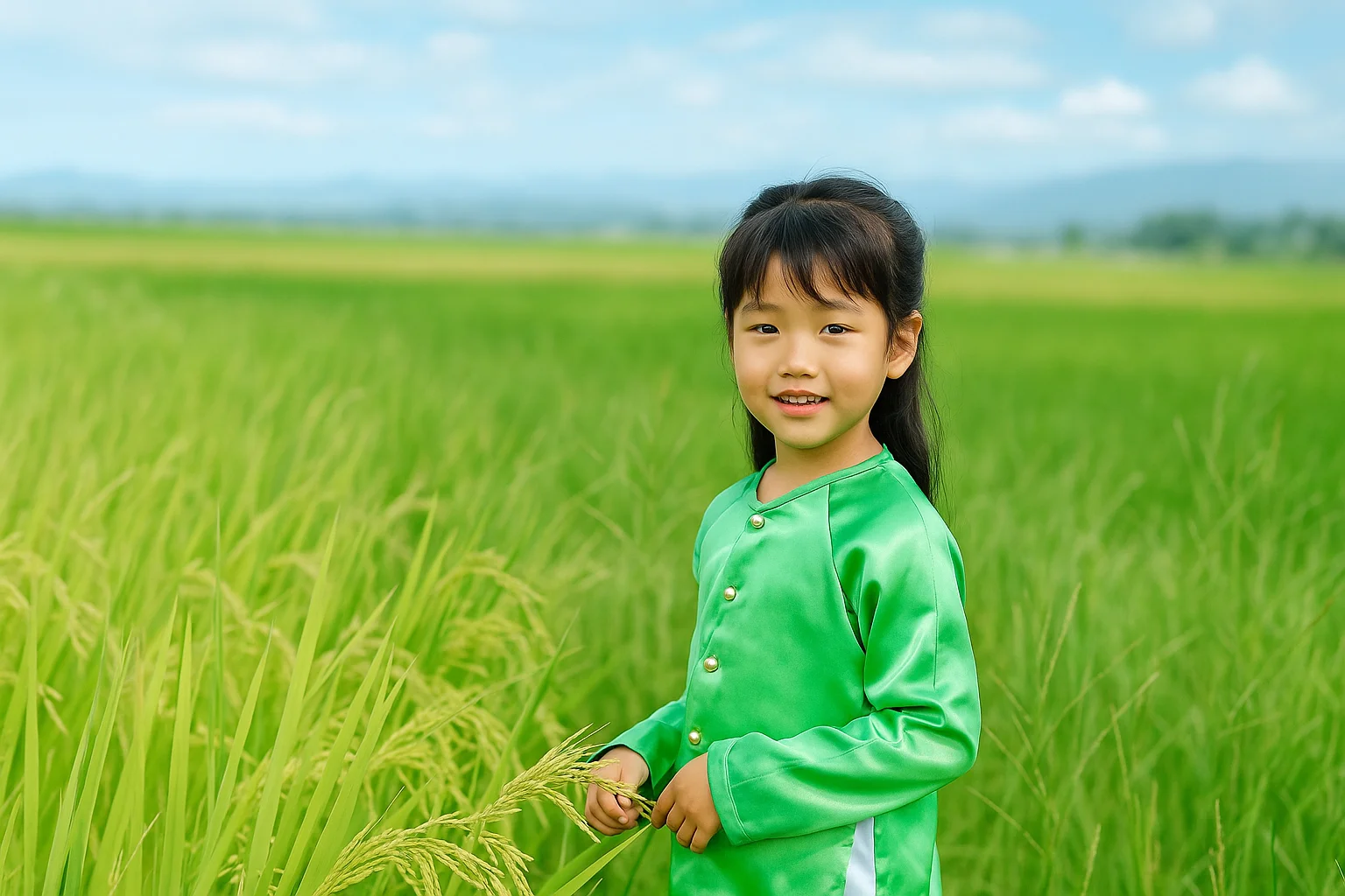 Petite fille dans un champ vert, nature et enfance
