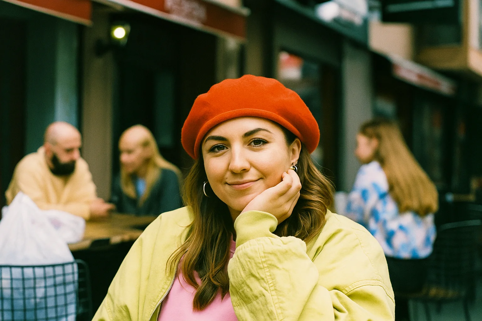 Femme avec béret rouge assise dans un café, portrait urbain