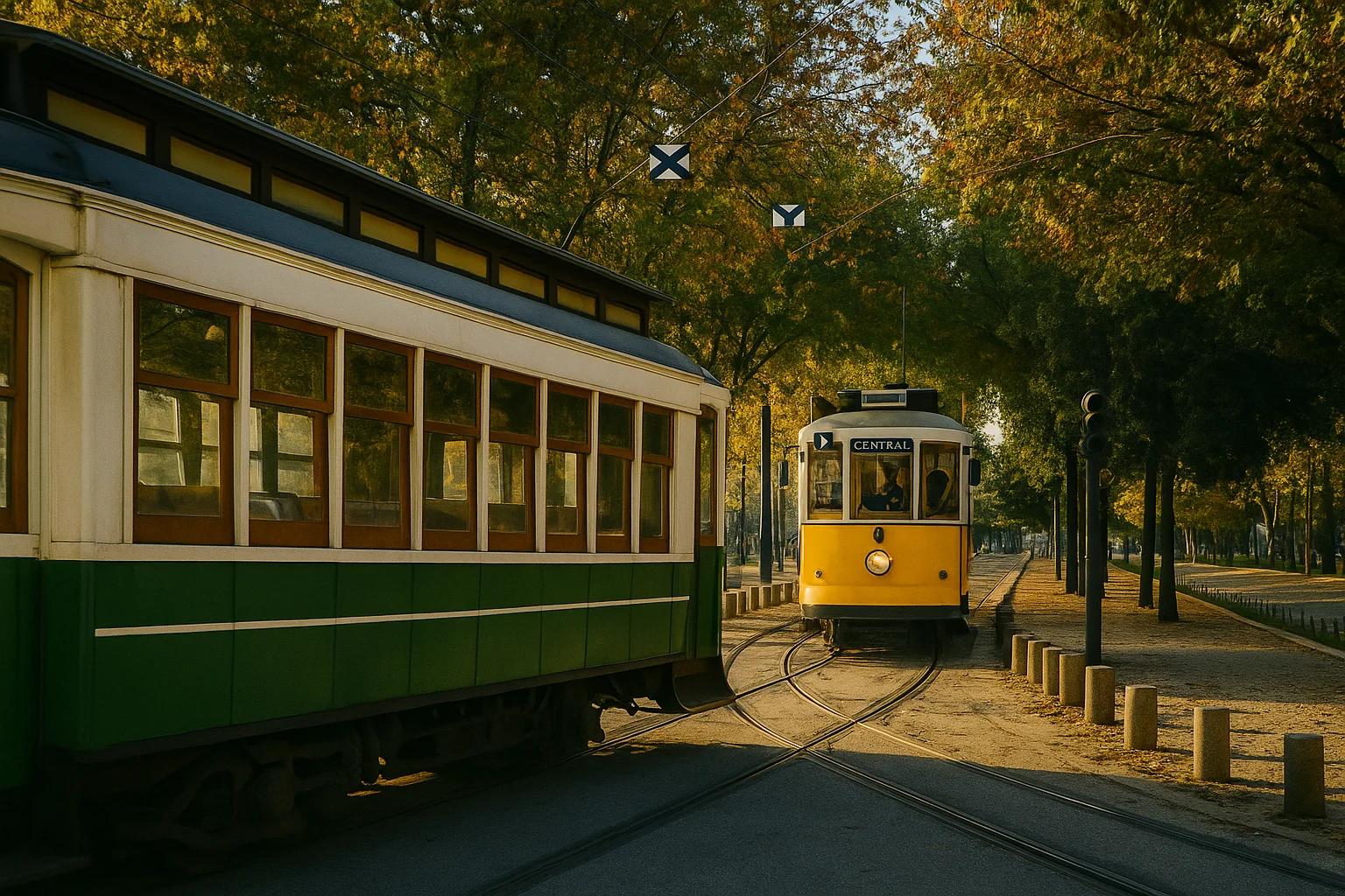 Dos tranvías antiguos cruzando una calle arbolada en otoño