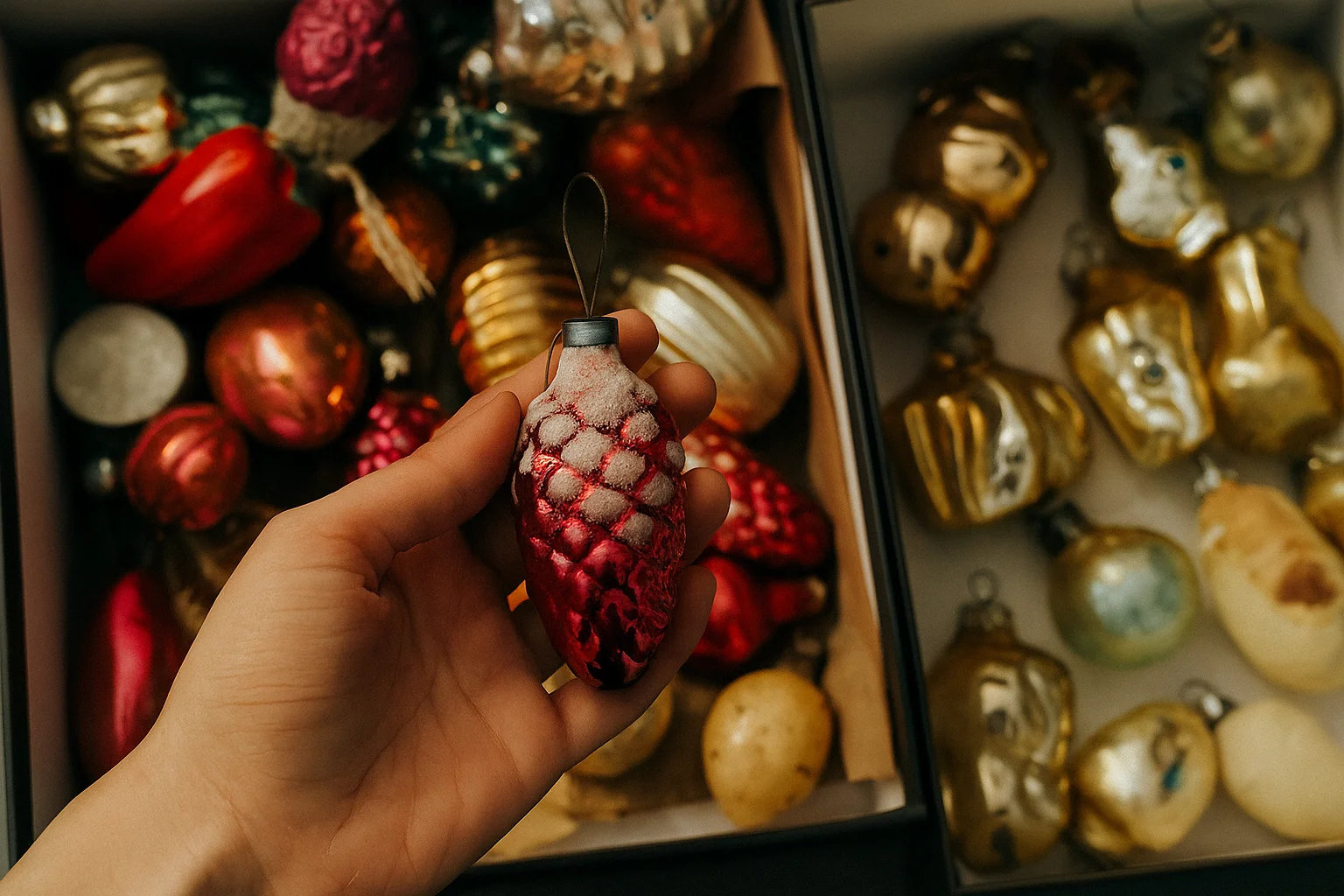 Persona sosteniendo un adorno de piña de vidrio rojo con decoraciones navideñas vintage en cajas