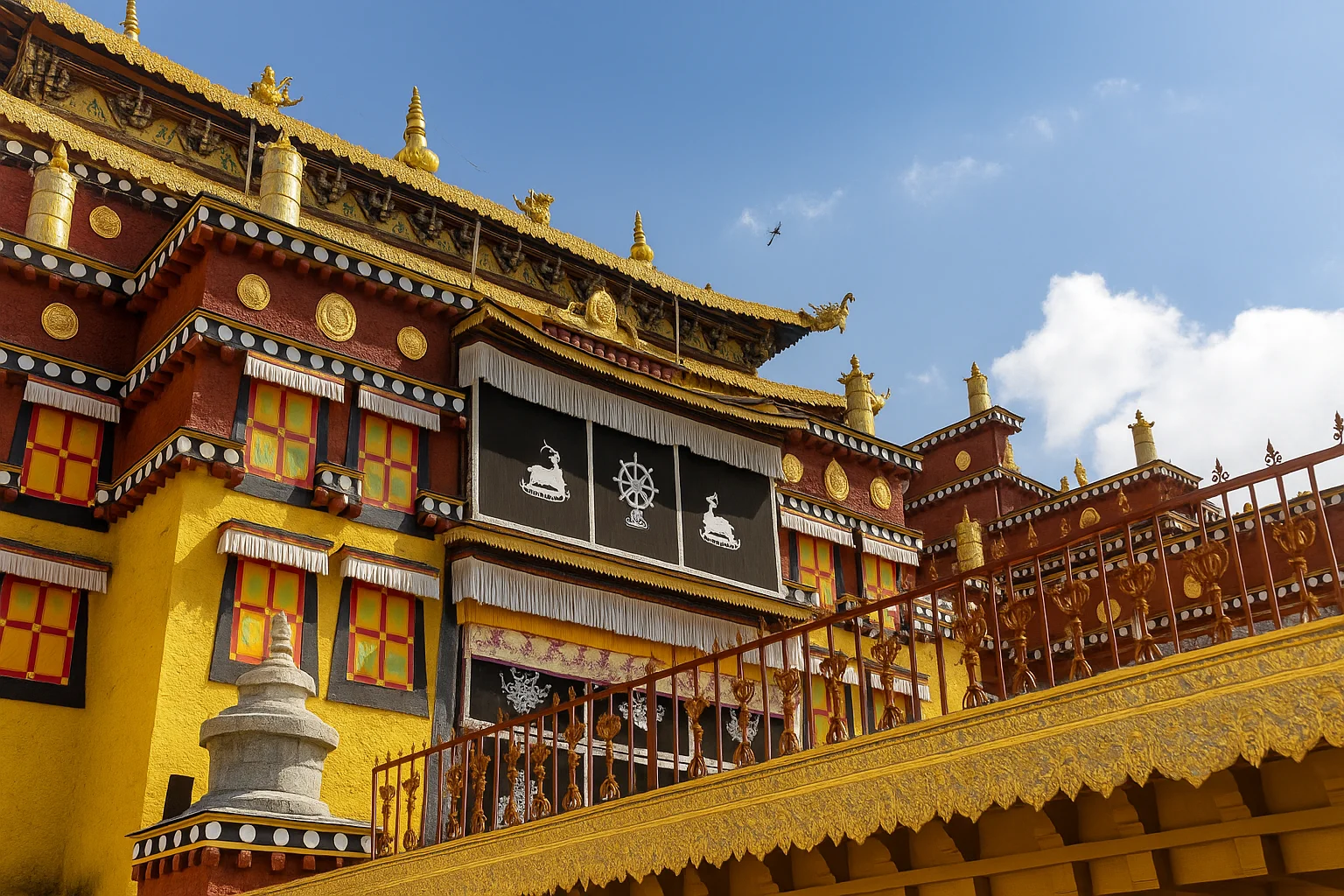 Templo tibetano con detalles dorados bajo un cielo azul