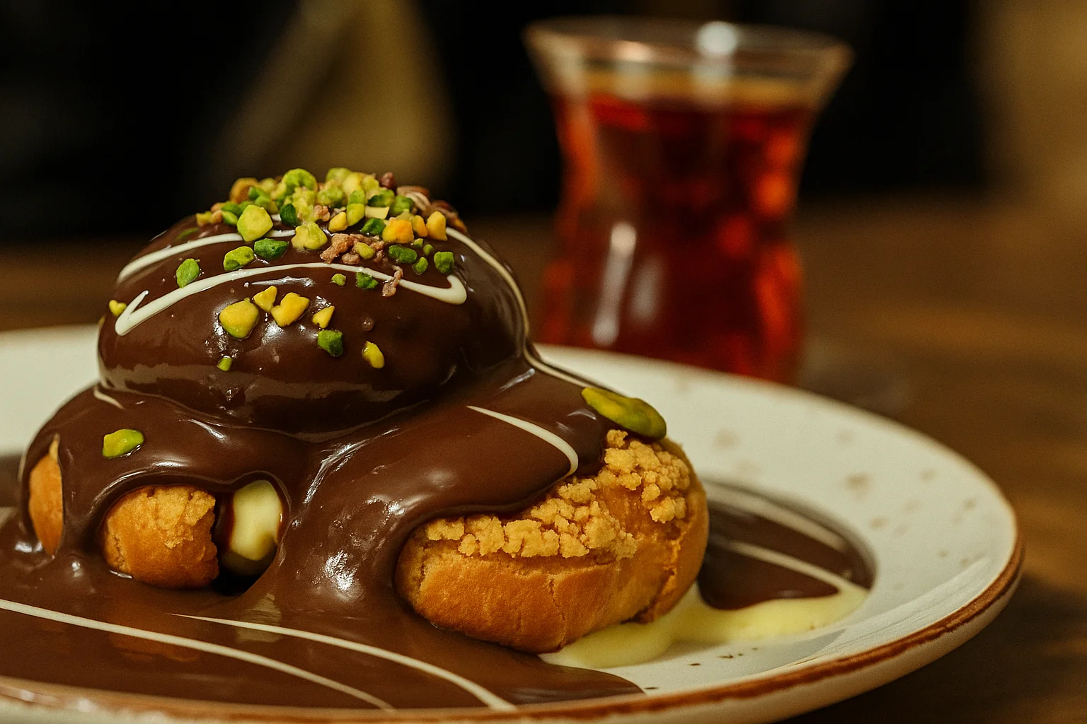 Profiterol cubierto de chocolate y pistachos con un vaso de té al fondo.