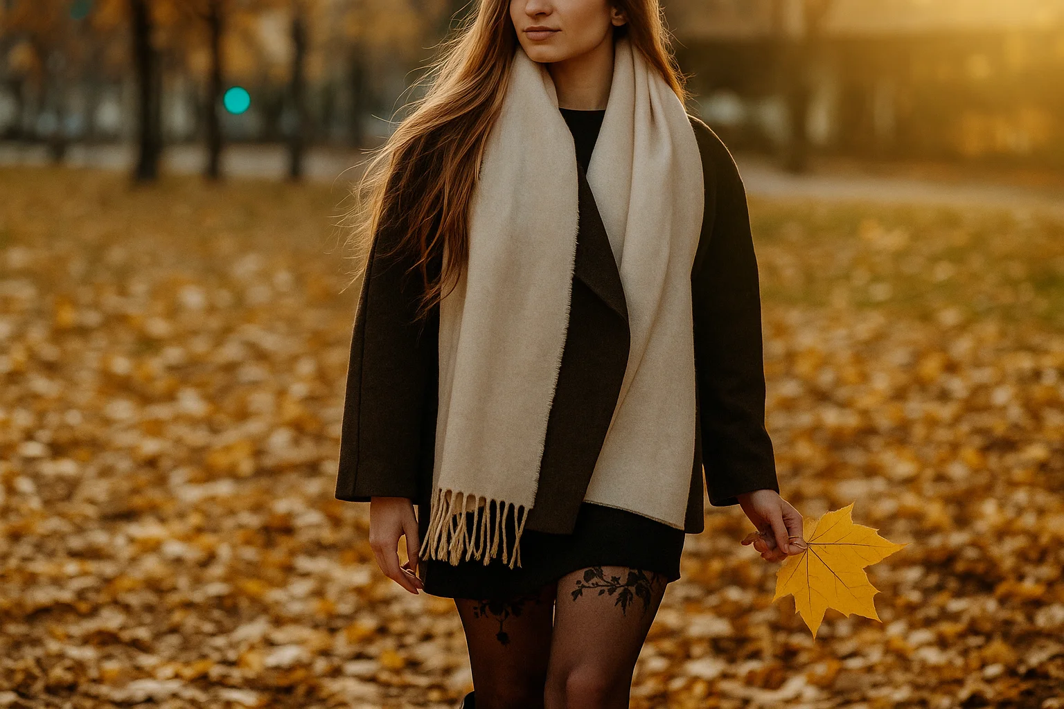 Mujer caminando entre hojas de otoño, sosteniendo una hoja amarilla.