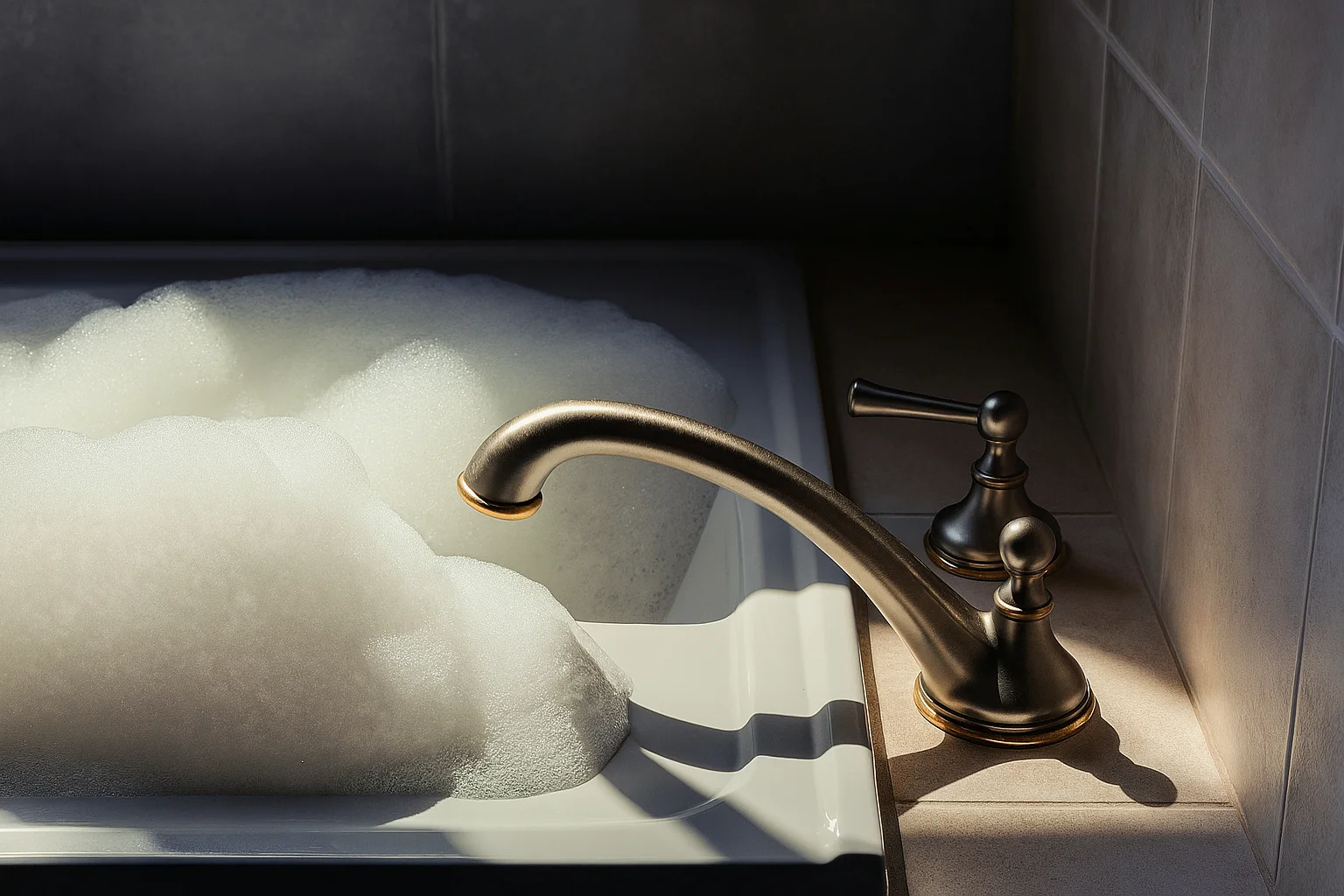 Золотой смеситель и раковина, полная пены.