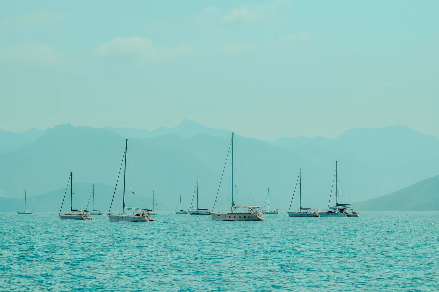 Яхты на синем море с горами на фоне