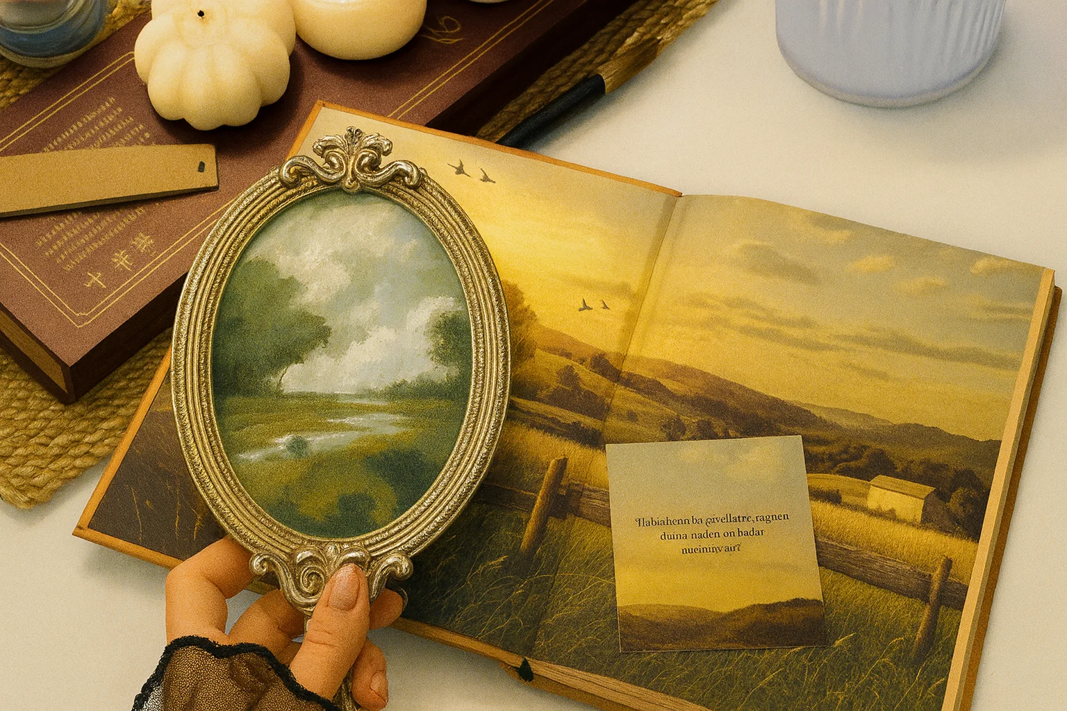 開いた本の上のヴィンテージミラーと牧歌的風景。