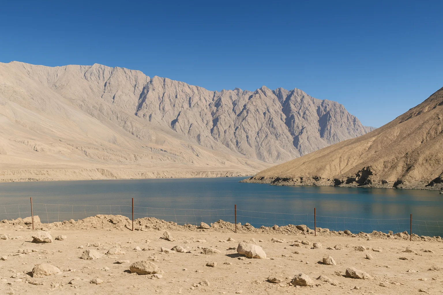 湖と乾いた山々の景色。